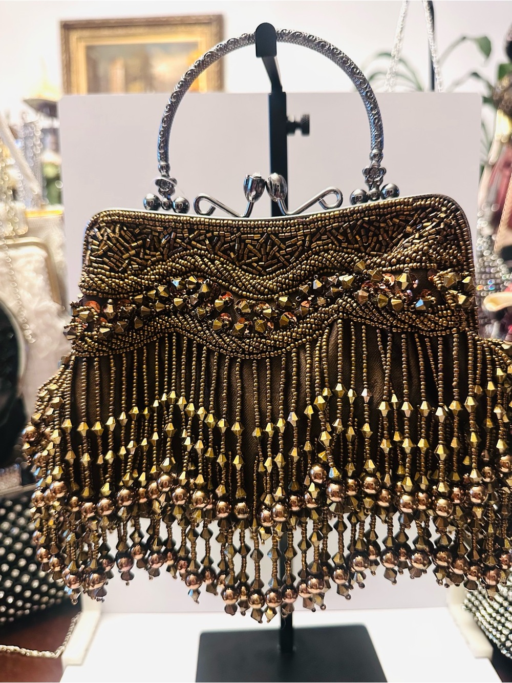 Rich Brown Satin Beaded Mary Frances Inspired design Clutch/Purse with chain NW